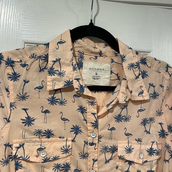 Sonoma Size M Pink Blue 3/4 Sleeve Button Down Shirt Flamingo Palm Tree Print - Picture 4 of 9